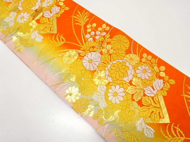 JAPANESE KIMONO / ANTIQUE FUKURO OBI / SILK / WOVEN AUTUMN FLOWERS